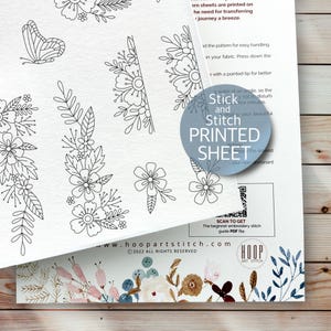 Floral pairs embroidery pattern, stick and stitch printed sheet, peel and stick transfer patch, wash away stabilizer, embroidery for clothes