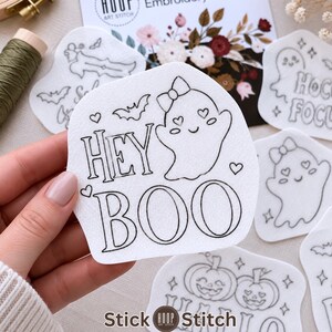 Halloween Stick and Stitch Embroidery Patterns, Cute Spooky Ghost Patches, Halloween Sayings, Wash Away Hand Embroidery Designs
