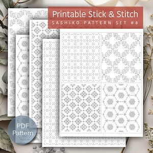 May include: A collection of printable Sashiko patterns in black and white. The patterns include geometric designs such as diamonds, crosses, and hexagons. The text "Printable Stick & Stitch" and "Sashiko Pattern Set #8" are displayed on the top. A PDF pattern icon is visible.