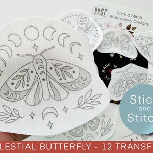 Celestial butterfly hand embroidery pattern, stick and stitch transfer patch, peel and stick embroidery paper, trendy embroidery for clothes
