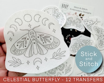 Celestial butterfly hand embroidery pattern, stick and stitch transfer patch, peel and stick embroidery paper, trendy embroidery for clothes