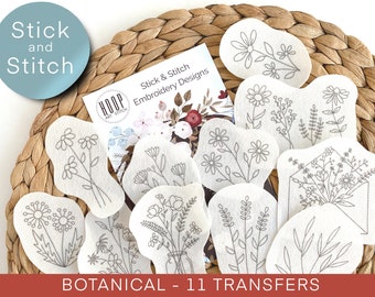 Botanical hand embroidery pattern, stick and stitch transfer patch, peel and stick embroidery paper, trendy embroidery pack for clothes