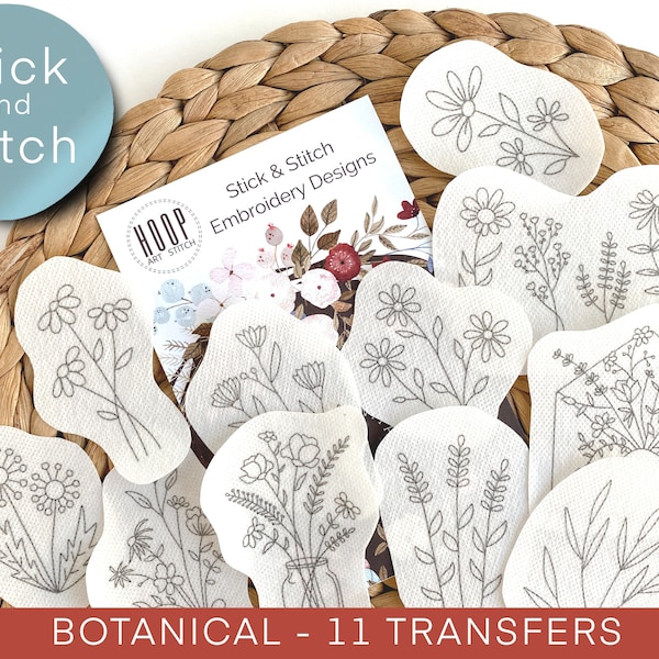 Botanical hand embroidery pattern, stick and stitch transfer patch, peel and stick embroidery paper, trendy embroidery pack for clothes