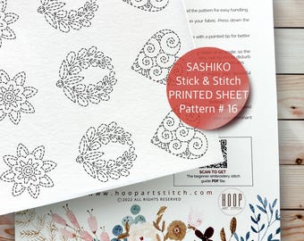 Stick and Stitch Visible Mending, Sashiko Embroidery Patch, Peel & Stick Printed Sheet, Water-Soluble Transfer, Japanese Sewing Pattern #16