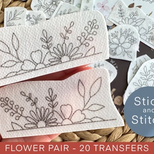 Flower pair hand embroidery pattern, stick and stitch transfer patch, peel and stick embroidery paper, trendy embroidery pack for clothes