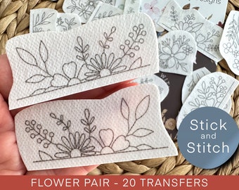 Flower pair hand embroidery pattern, stick and stitch transfer patch, peel and stick embroidery paper, trendy embroidery pack for clothes