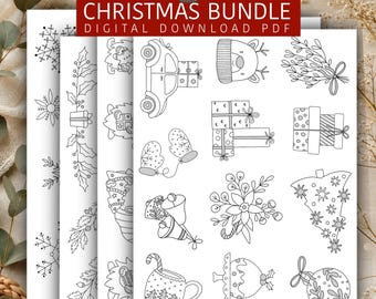 Puede incluir: Un paquete digital PDF de Navidad con ilustraciones de líneas en blanco y negro de motivos festivos, incluyendo un coche con regalos, manoplas, campanas, una taza, paquetes, un gorro de reno, muérdago, un árbol y adornos sobre papel blanco.