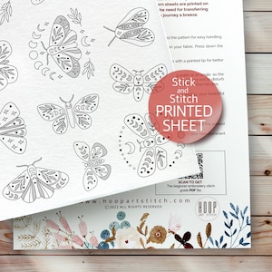 Celestial Butterflies & Moths Stick and Stitch, Printed Sheet Embroidery Transfer, Water-Soluble Embroidery Patterns, Peel and Stick Designs