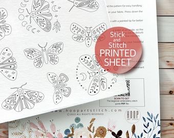 Celestial Butterflies & Moths Stick and Stitch, Printed Sheet Embroidery Transfer, Water-Soluble Embroidery Patterns, Peel and Stick Designs