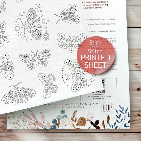 Celestial Butterflies & Moths Stick and Stitch, Printed Sheet Embroidery Transfer, Water-Soluble Embroidery Patterns, Peel and Stick Designs