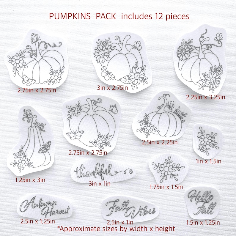 Pumpkins Stick and Stitch Embroidery Pattern, Fall Flowers Transfer