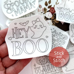 Cute Halloween stick and stitch embroidery patterns, ghost peel and stick transfer patch, spooky embroidery paper, embroidery for clothes