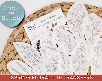 Spring floral hand embroidery pattern, stick and stitch transfer patch, peel and stick embroidery paper, trendy embroidery pack for clothes