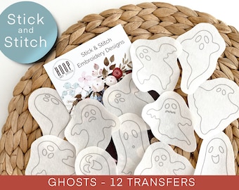 Ghost stick and stitch embroidery patterns, Halloween peel and stick transfer patch, spooky embroidery paper, embroidery pack for clothes