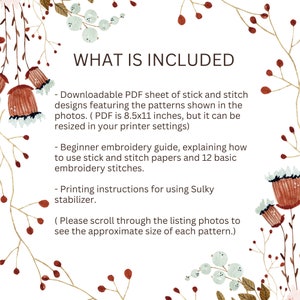 Puede incluir: Fondo blanco con el texto "WHAT IS INCLUDED" en negro. Debajo, el texto enumera una hoja PDF descargable de dise&ntilde;os de palos y puntadas, una gu&iacute;a de bordado para principiantes e instrucciones de impresi&oacute;n.