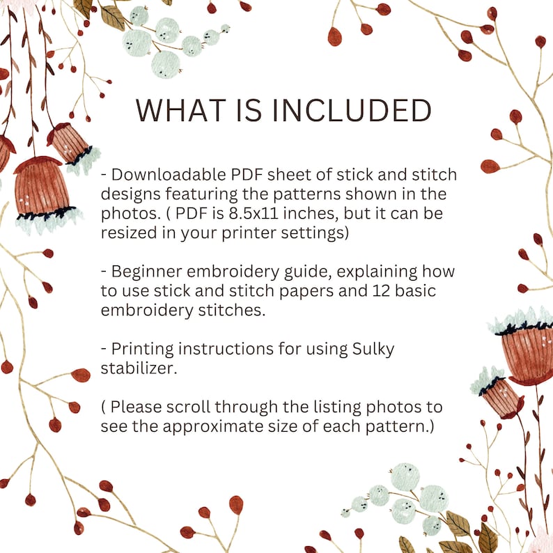 Puede incluir: Fondo blanco con el texto "WHAT IS INCLUDED" en negro. Debajo, el texto enumera una hoja PDF descargable de dise&ntilde;os de palos y puntadas, una gu&iacute;a de bordado para principiantes e instrucciones de impresi&oacute;n.