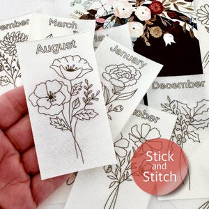 Birth Month Flower Stick and Stitch Embroidery Pattern, Water Soluble Transfer Patch, Peel & Stick Birthday Flower, Embroidery Clothing DIY