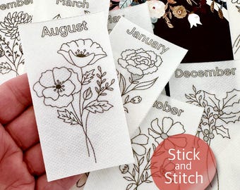 Birth Month Flower Stick and Stitch Embroidery Pattern, Water Soluble Transfer Patch, Peel & Stick Birthday Flower, Embroidery Clothing DIY