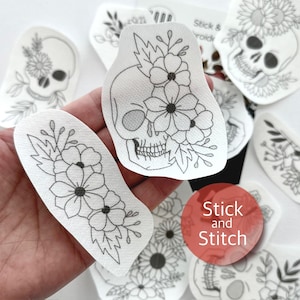 Handborduurpatroon met bloemenschedel, transferpatch, peel-and-stick borduurpapier, trendy borduurontwerp voor kleding