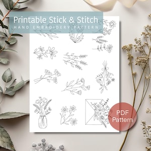 Peut inclure: Patron de broderie à la main imprimable en point de bâton et de point de couture avec 10 motifs floraux différents. Les motifs comprennent des bouquets, des tiges simples et des fleurs dans un vase. Le motif est intitulé "Patron PDF".