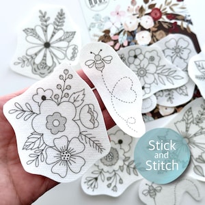 Mini bouquets stick and stitch embroidery design, peel and stick transfer patch, water-soluble paper, floral embroidery pattern, gift DIY