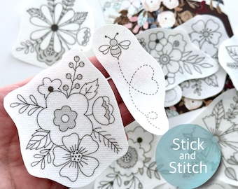 Mini bouquets stick and stitch embroidery design, peel and stick transfer patch, water-soluble paper, floral embroidery pattern, gift DIY