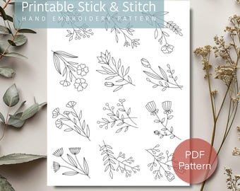 Padrão simples de bordado floral à mão, impressão com ponto e agulha, padrão botânico em PDF, download digital de padrão de bordado, presente faça você mesmo