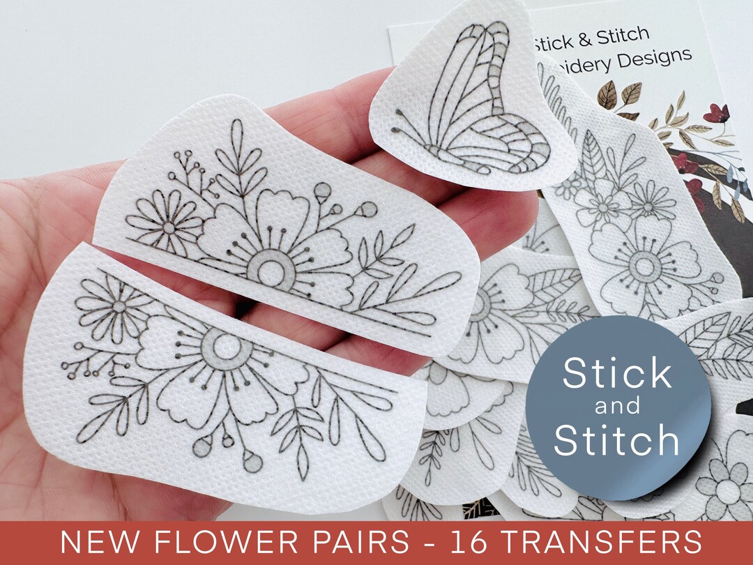 Flower Pair Hand Embroidery Pattern, Stick and Stitch Transfer Patch