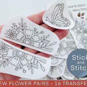 Flower pair hand embroidery pattern, stick and stitch transfer patch, peel and stick embroidery paper, trendy embroidery pack for clothes