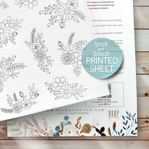 Flowers hand embroidery pattern, stick and stitch printed sheet, peel and stick transfer patch, wash away stabilizer, embroidery for clothes
