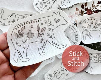 Stick and stitch floral animals, embroidery patterns, peel and stick patches, water-soluble paper, hand embroidery designs, DIY gift