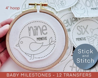 Baby milestone hand embroidery pattern, stick and stitch transfer patch, peel and stick embroidery paper, woodland animals, embroidery gift