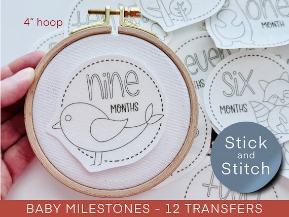 Baby milestone hand embroidery pattern, stick and stitch transfer patch, peel and stick embroidery paper, woodland animals, embroidery gift