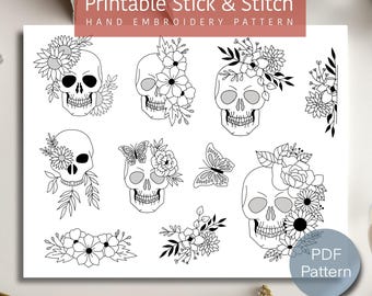 Puede incluir: Patrón de bordado a mano imprimible "stick and stitch" con nueve dibujos de línea en blanco y negro de calaveras con acentos florales. El texto "Printable Stick & Stitch" y "Hand Embroidery Pattern" está en la parte superior de la imagen. El texto "PDF Pattern" está en la parte inferior de la imagen.