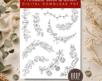 May include: A printable Stick & Stitch digital download PDF featuring black line art illustrations of holiday-themed botanical elements, including holly branches, bows, gift boxes, string lights, and ornaments arranged on a white background.