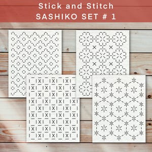 May include: A set of four white fabric panels with black Sashiko stitch patterns. The patterns include geometric designs of lines, crosses, and floral shapes. The text "Stick and Stitch SASHIKO SET # 1" is at the top.