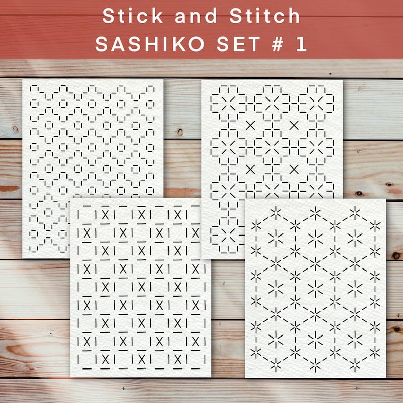 May include: A set of four white fabric panels with black Sashiko stitch patterns. The patterns include geometric designs of lines, crosses, and floral shapes. The text "Stick and Stitch SASHIKO SET # 1" is at the top.