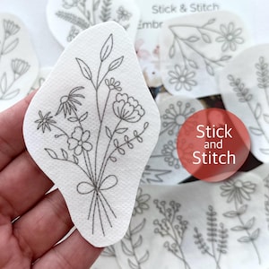 Botanical hand embroidery pattern, stick and stitch transfer patch, peel and stick embroidery paper, trendy embroidery pack for clothes
