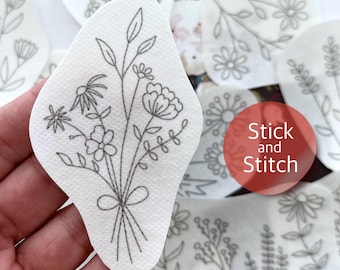 Botanical hand embroidery pattern, stick and stitch transfer patch, peel and stick embroidery paper, trendy embroidery pack for clothes