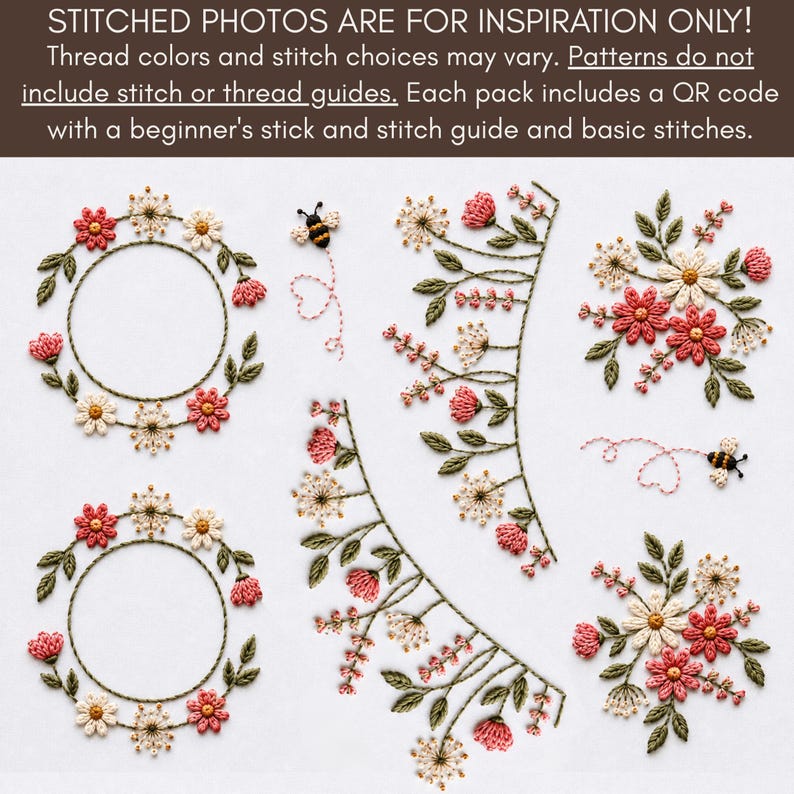 Puede incluir: Un conjunto de patrones de bordado con dos coronas florales circulares, dos bordes florales curvos, dos ramos de flores y dos peque&ntilde;as abejas con trayectorias de vuelo bordadas. El texto superior dice: STITCHED PHOTOS ARE FOR INSPIRATION ONLY!