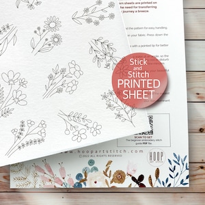 Floral hand embroidery pattern, stick and stitch printed sheet, peel and stick transfer patch, wash away stabilizer, embroidery for clothes