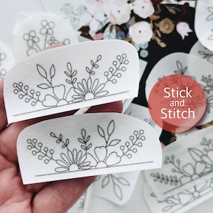 Flower pair hand embroidery pattern, stick and stitch transfer patch, peel and stick embroidery paper, trendy embroidery pack for clothes