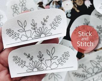 Flower pair hand embroidery pattern, stick and stitch transfer patch, peel and stick embroidery paper, trendy embroidery pack for clothes