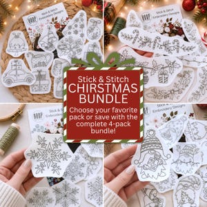 Op de afbeelding: Een collectie witte stick-and-stitch borduurontwerpen met diverse feestelijke motieven zoals sneeuwvlokken, kabouters, zuurstokken en cadeautjes, met de tekst Stick & Stitch CHRISTMAS BUNDLE.