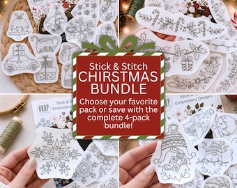 May include: A collection of white stick and stitch embroidery designs featuring various holiday motifs including snowflakes, gnomes, candy canes, and gift-wrapped packages, with text reading Stick & Stitch CHRISTMAS BUNDLE.
