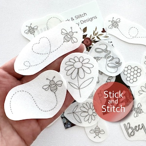 Bees and flowers embroidery pattern, stick and stitch transfer patch, peel and stick embroidery paper, trendy embroidery pack for clothes