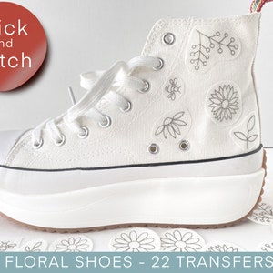 Stick and stitch embroidery pattern for shoes, floral transfer patch, botanical peel and stick embroidery paper, embroidery pack for clothes