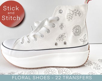 Stick and stitch embroidery pattern for shoes, floral transfer patch, botanical peel and stick embroidery paper, embroidery pack for clothes