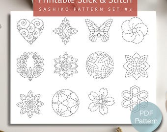 May include: Printable Sashiko pattern set #3 with 12 different designs, including a heart, butterfly, flower, and geometric shapes. The patterns are outlined in black on a white background. PDF Pattern.