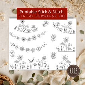 May include: A white sheet featuring black line art illustrations of various wildflowers and floral borders. The text Printable Stick & Stitch DIGITAL DOWNLOAD PDF is displayed in a red box at the top, and a circular logo reads HOOP ART STITCH.